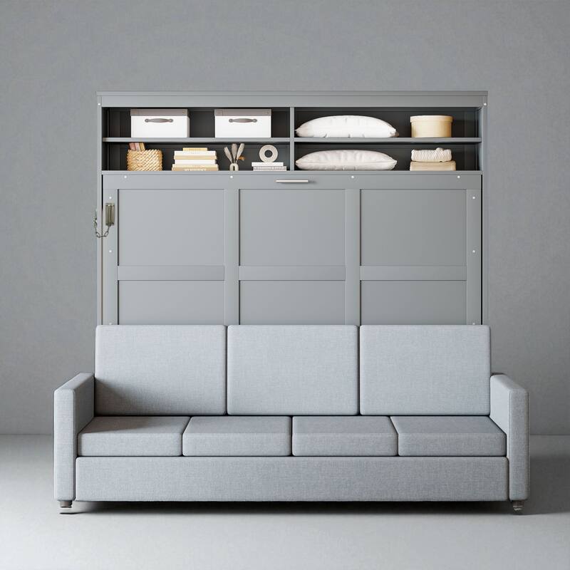 Queen Size Murphy Wall Bed with Sofa, Foldable Cabinet Bed with Storage, Dual Piston Lift, Space-Saving Design
