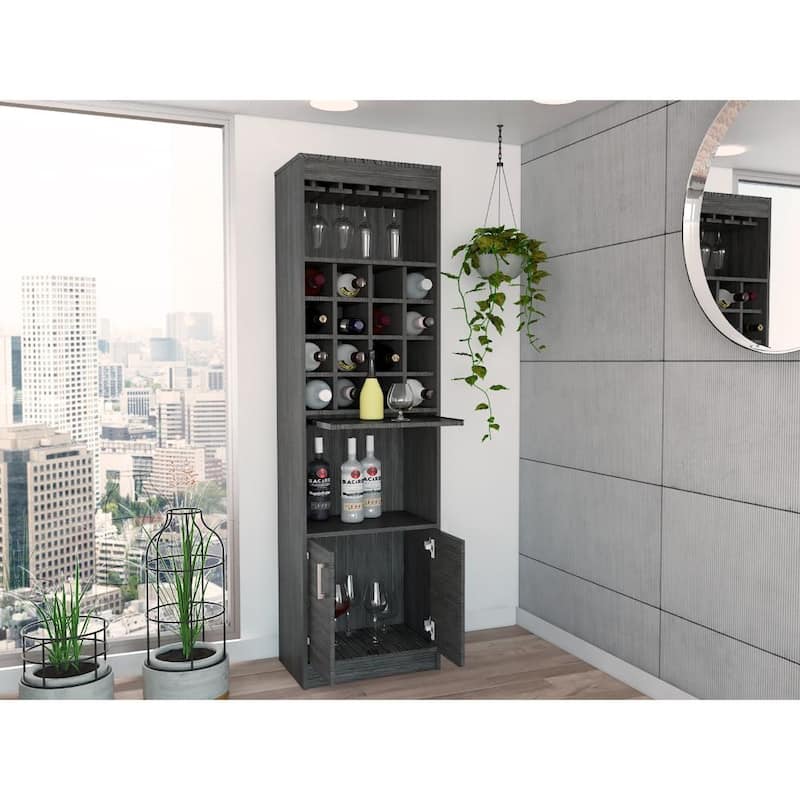 TUHOME Kava Bar Cabinet with 16 Wine Cubbies, 12 Glass Racks, 1 Shelf, Concealable Serving Tray, and Double Door - N/A