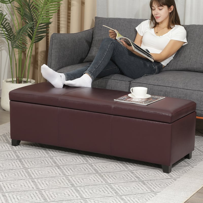 Adeco 46" Faux Leather Storage Ottoman Bench with Nailhead Trim