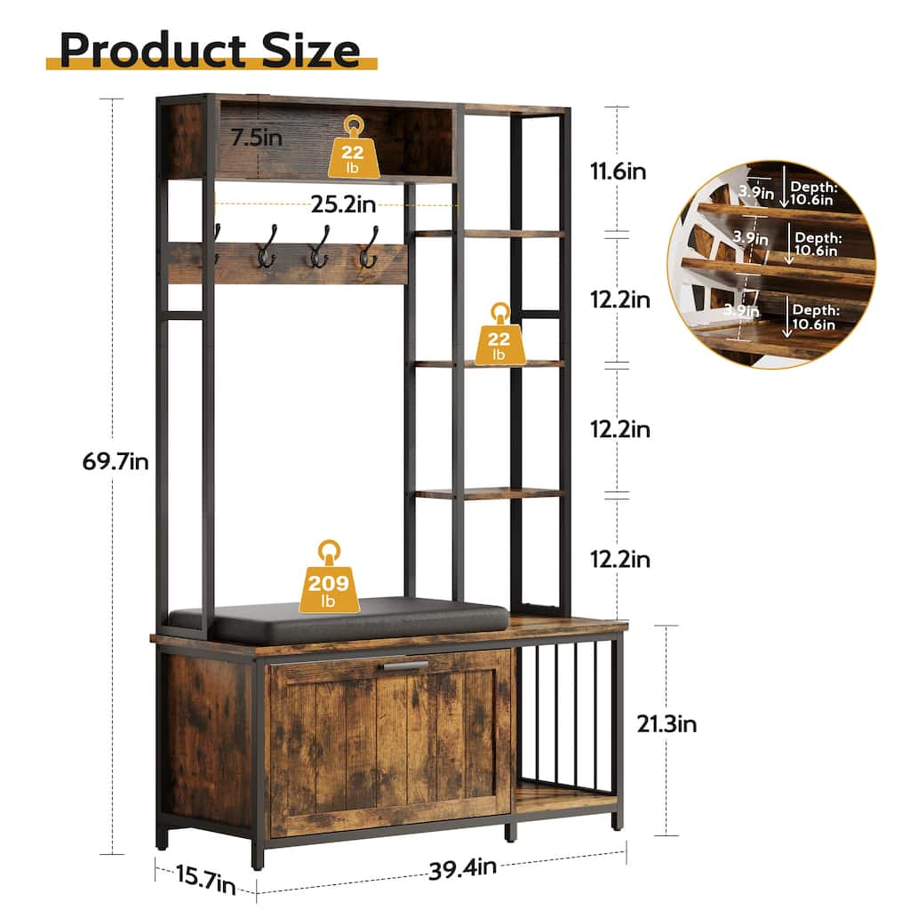 Hall Tree Coat Rack with Bench, Shoe Storage, 5 Cubbies & Hooks