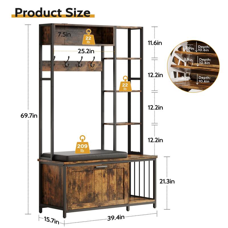 Hall Tree Coat Rack with Bench, Shoe Storage, 5 Cubbies & Hooks