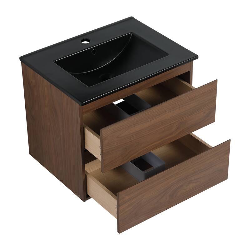 Modern 24" Floating Bathroom Vanity with Black Ceramic Basin, Soft-Close Drawers, Water-Resistant Melamine Surface