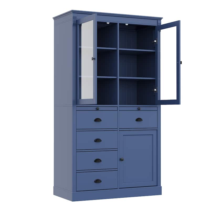72''H Kitchen Pantry, Display Storage Cabinet with Glass Doors and Drawers, Serving Trays and Shelves