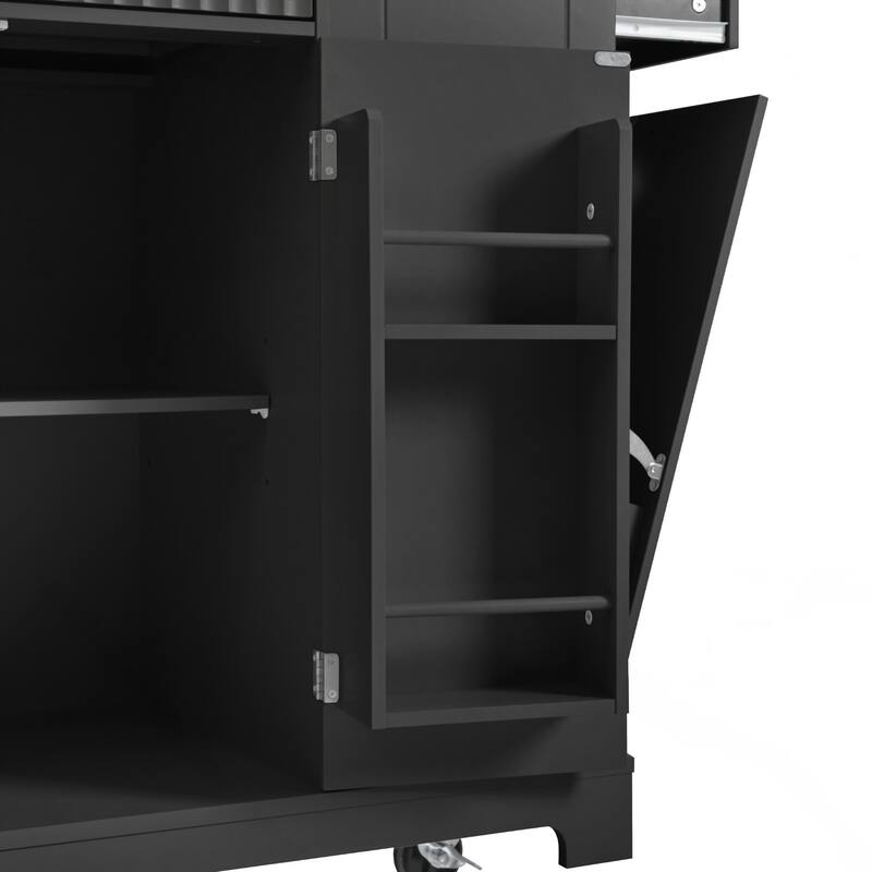 Kitchen Island with Trash Can Storage Cabinet, Power Outlet, Internal Storage Rack, Rolling Kitchen Islands on 5 Wheels