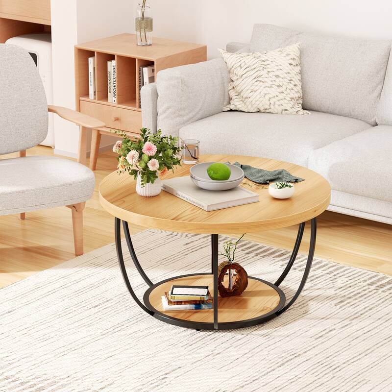 31.5" Round Coffee Table for Living Room, 2-Tier Accent Center Table - Wood