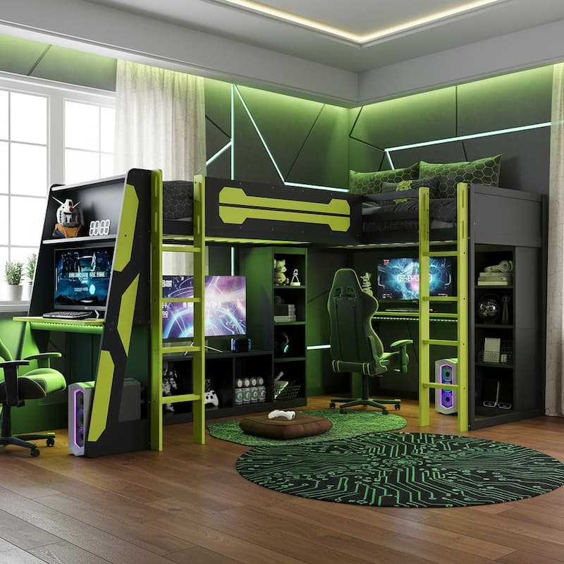 Ultimate L-Shaped Twin Loft Gaming Bed by Harper&Bright Designs - Green