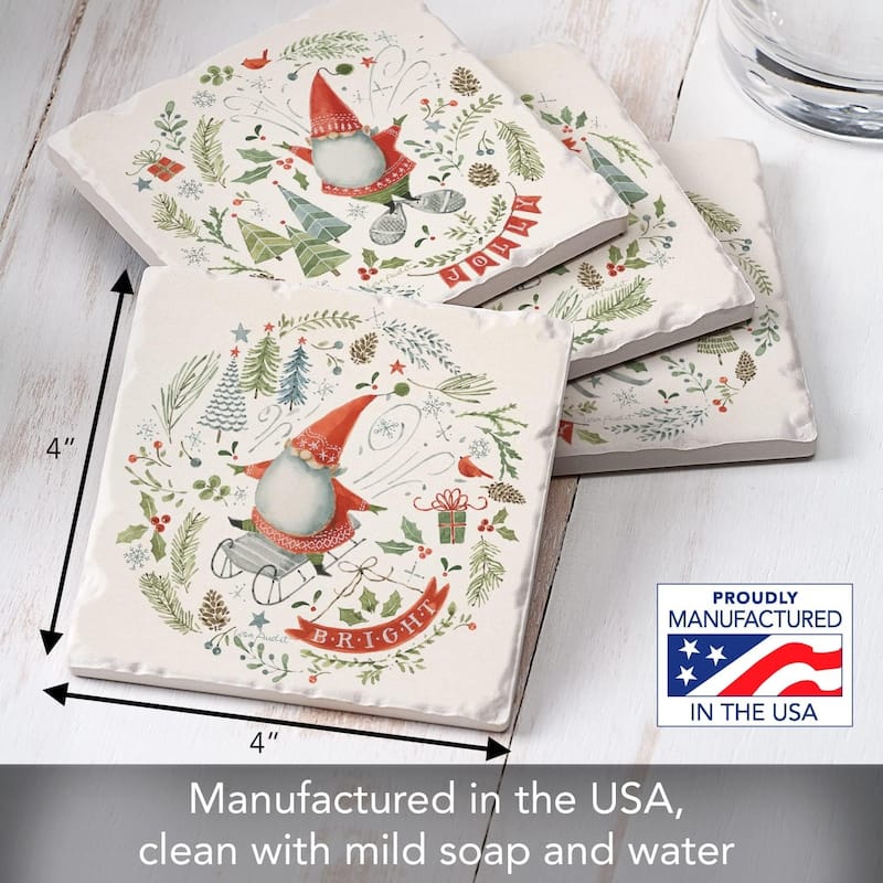 Christmas Jolly Gnomes Multi-Image Absorbent Stone Coaster 4 Pack with Protective Cork Backing Manufactured in The USA