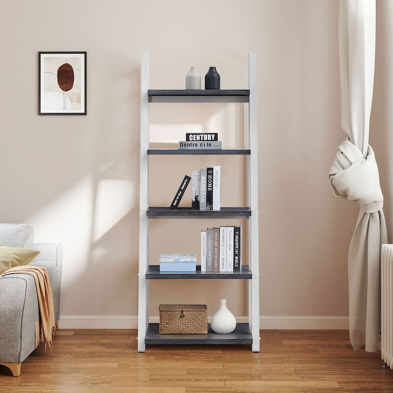 GDF Studio - Modern 5-Tier Ladder Bookshelf with Solid Rubber Wood Frame and MDF Shelves