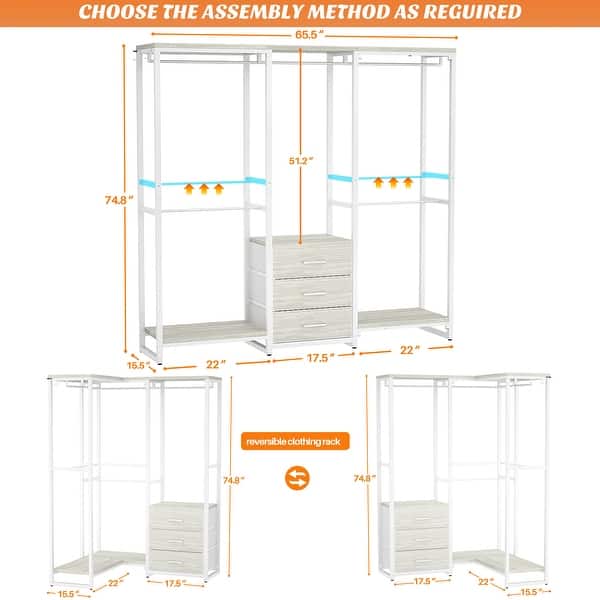 dimension image slide 0 of 4, 65.6'' Heavy-duty Garment Rack, Freestanding Closet Organizer with Fabric Drawers and 5 hanging Rods