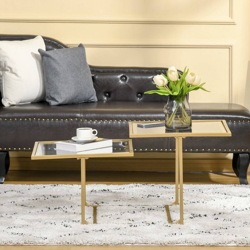 Gold-Clear Tempered Glass and Metal 2 Tier Coffee Table with Adjustable Feet - 37.75" W x 19.25" D x 18" H