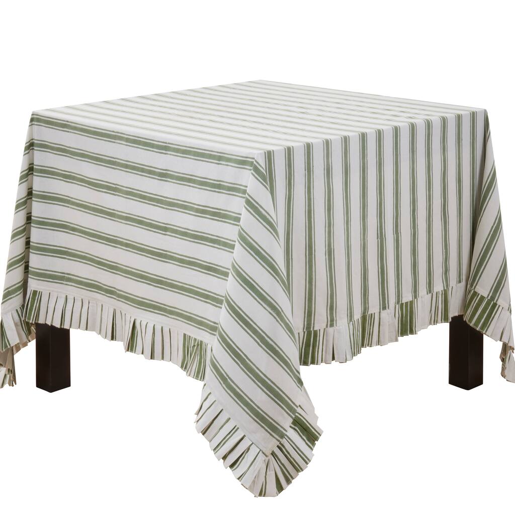 Striped Cotton Tablecloth with Fringe Detail for Relaxed Dining, Casual Entertaining, and Layered Table Styling - 70"