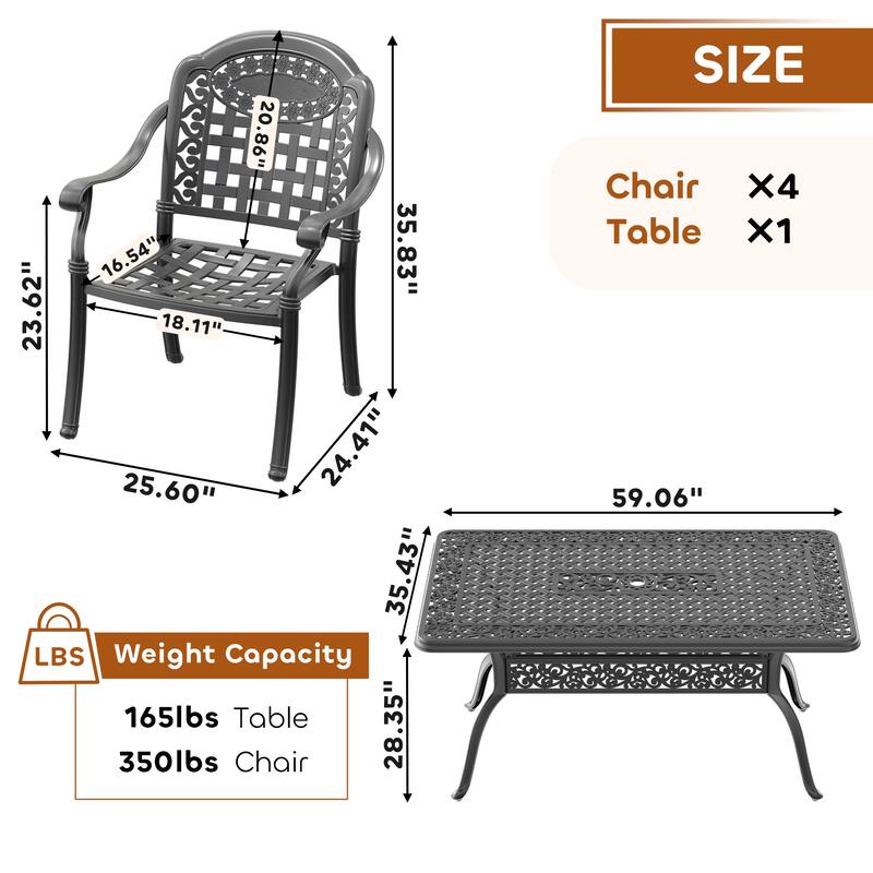 5/7-Piece Cast Aluminum Outdoor Dining Set with 59.06'' L X 35.43'' W Rectangular Table and Random Color Seat Cushions