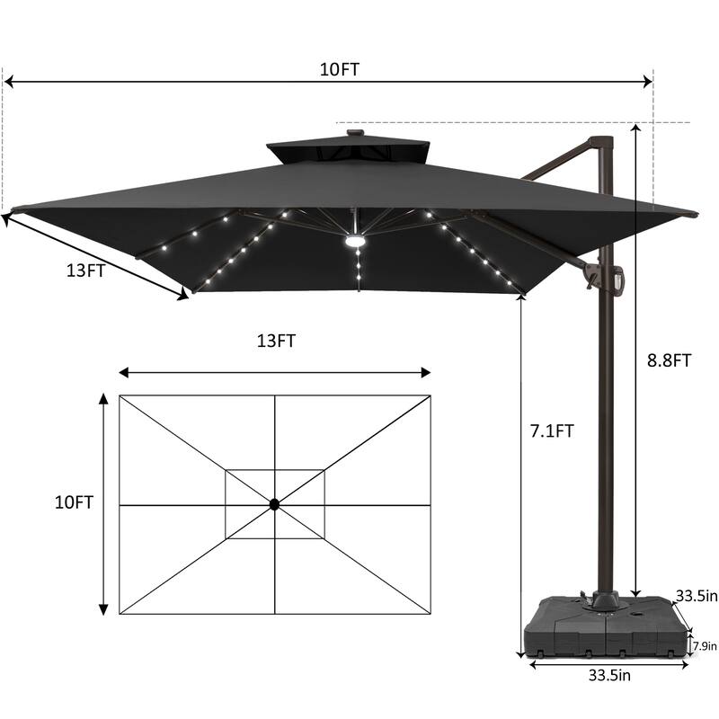 10 X 13 FT Outdoor Patio Cantilever Umbrella with Solar Lights Wheeled Base Double Canopy 360 Rotation Tilt