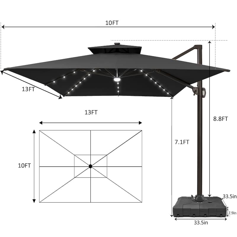 Pellebant 10 x 13FT Outdoor Rectangular Cantilever Patio Umbrella Solar LED Lighted with Wheel Base