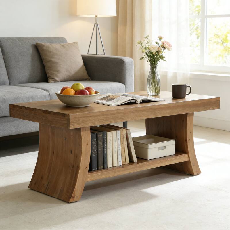 Farmhouse Coffee Table with Storage Shelf, Walnut