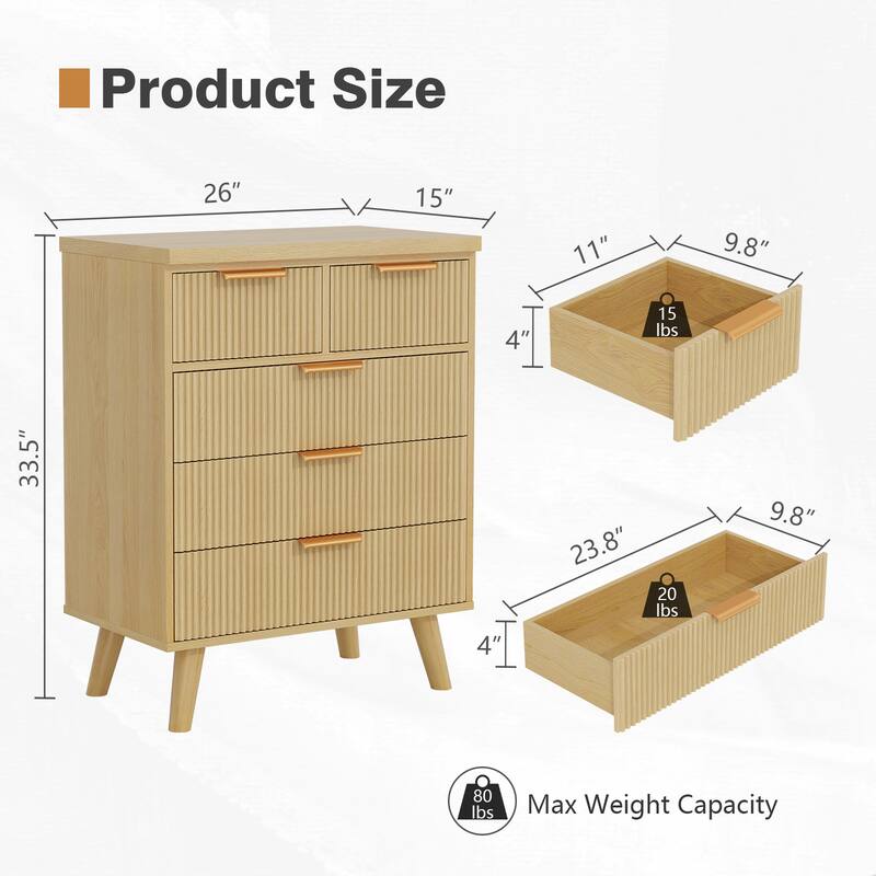 Gymojoy Fluted 5 Drawer Dresser, Modern Wood Chest of Drawers, Closet Dresser Organizer