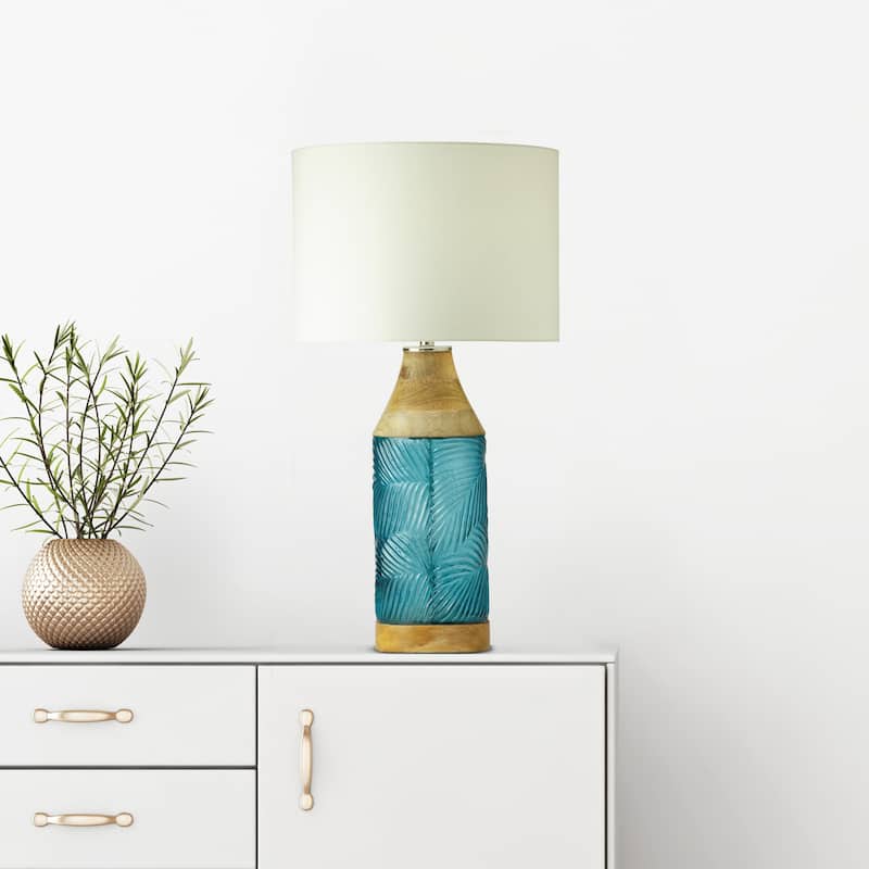 Josiah River of Goods Green/Clear/Blue Glass and Mango Wood 26-Inch Table Lamp