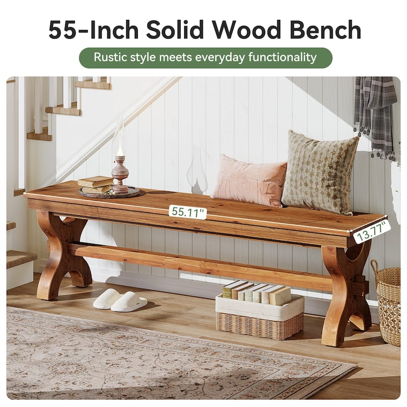 Solid Wood Entryway Bench, 55-Inch Farmhouse Indoor Bench