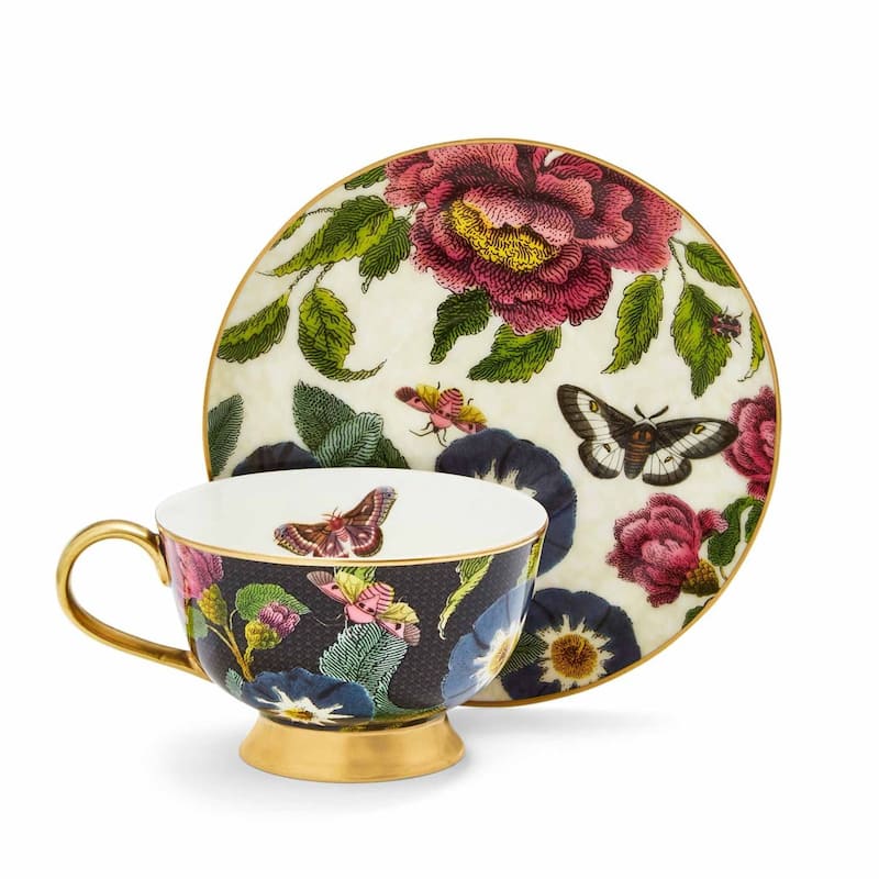 Spode Creatures of Curiosity Teacup and Saucer - 6.7 oz. - Dark Floral Design