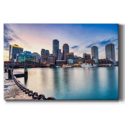 Boston Skyline with Financial District and Boston Harbor at Sunset Premium Gallery Wrapped Canvas - Ready to Hang