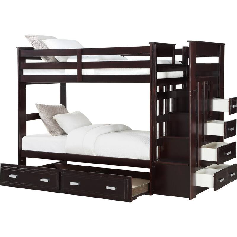 Classic Wood Twin Bunk Bed with Trundle, Storage Ladder, 5 Drawers, Brown - Brown - Twin