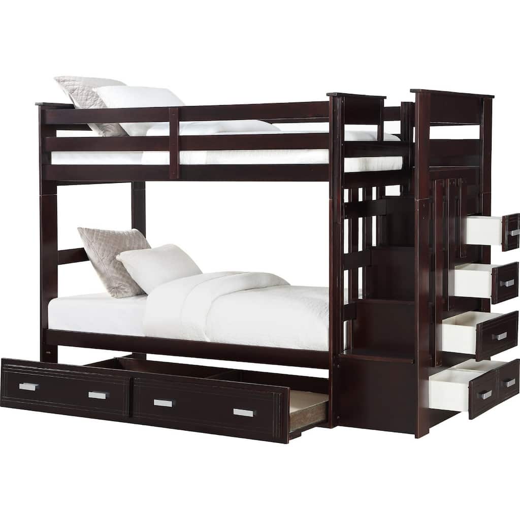 Classic Wood Twin Bunk Bed with Trundle, Storage Ladder, 5 Drawers, Brown