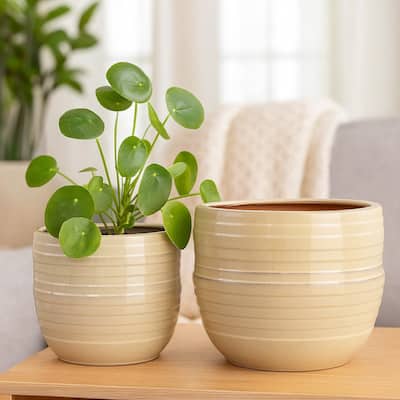 Paulo Barrel Planter Set of 2, Raised Ribbed Beige Ceramic 19, 15 Inch