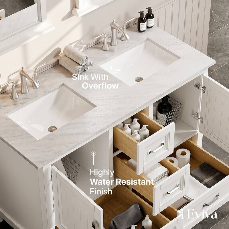 Eviva Britney 48"W x 22"D White Double Sink Vanity with White Carrara Quartz Vanity Top and Rectangular Undermount Sinks - 48