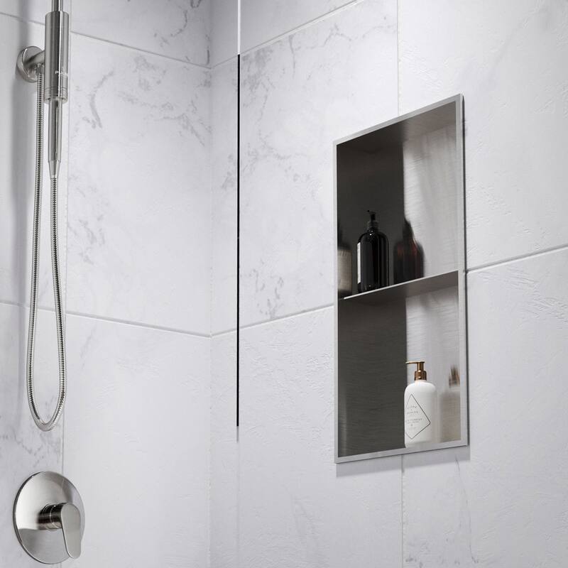 12-in x 24-in Ultra-thin Frame Recessed 2-Section Stainless Steel Shower Niche Brushed Stainless Steel