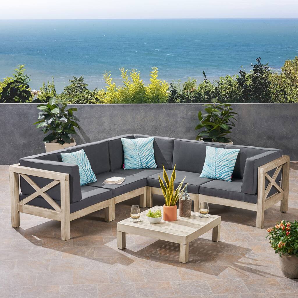 Brava Outdoor Acacia Wood 5 Seater Sectional Sofa Set with Coffee Table by Christopher Knight Home