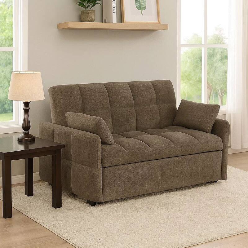 Glen 59 Inch Sleeper Sofa Bed Futon, Grid Tufting, Smooth Brown Fabric