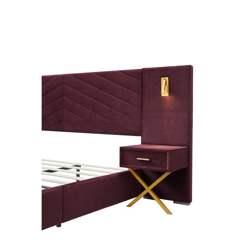 Velvet Upholstered Bed Frame, Wingback Headboard Platform Bed with LED Side Lights & Nightstands, No Box Spring Needed