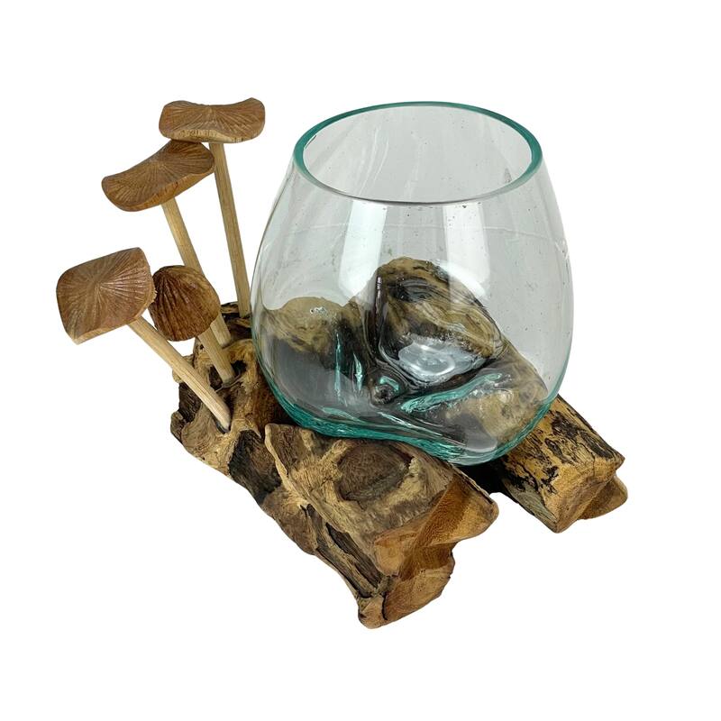 Handcrafted Glass Vase With Teak Driftwood And Wood Mushroom