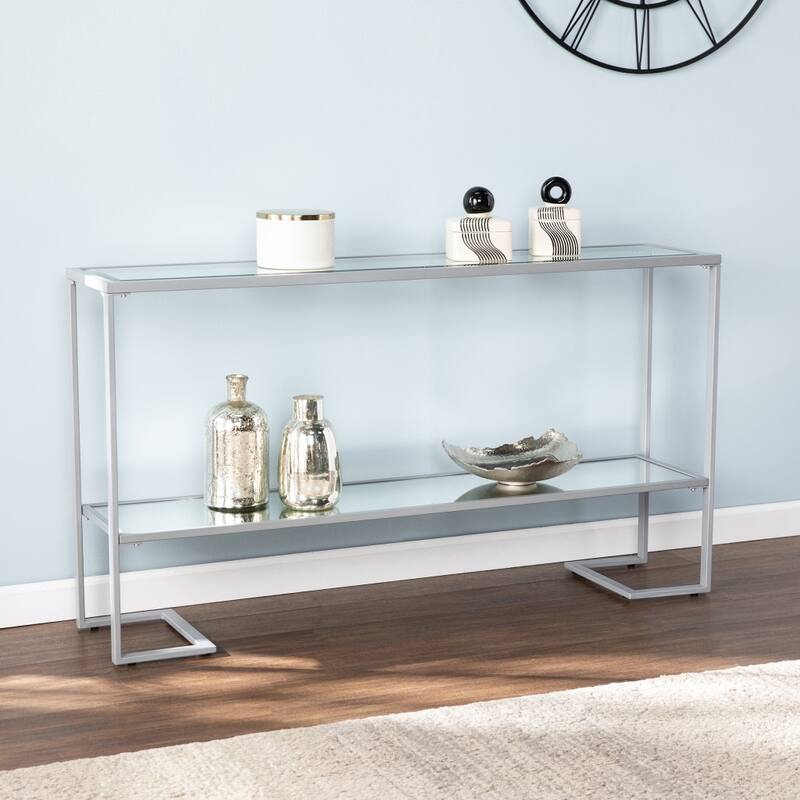Clear Glass Mirrored Sled Console Table with Black Metal Base - 52” L x 12” W x 29” H