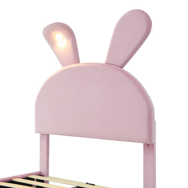 Twin Size Upholstered Platform Bed with Cartoon Ears Headboard and LED Light, Pink