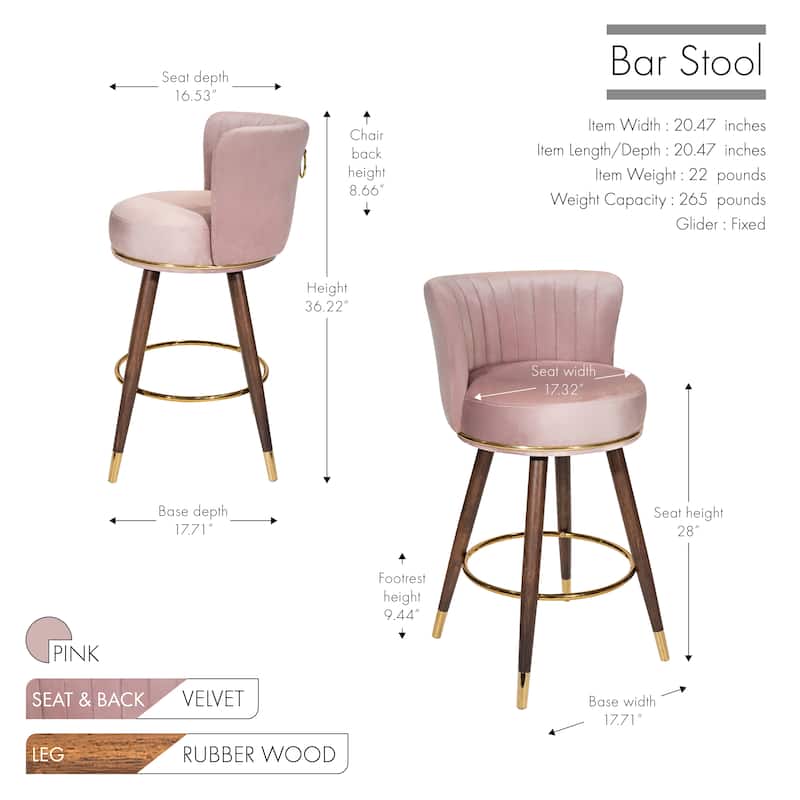 Porthos Home Pedra Swivel Bar Stools Set of 2, Velvet, Rubberwood Legs
