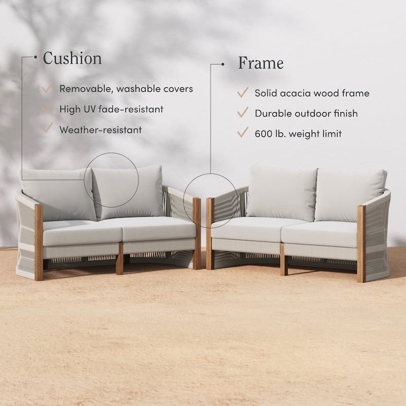 Jagger Farmhouse Patio Seating with Solid Acacia Wood Frame, Cushions, and Rope Accent