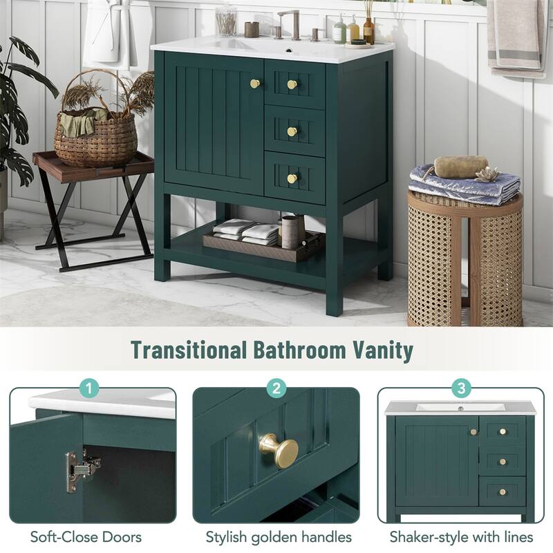 30" Transitional Style Bathroom Vanity Cabinet Combo with Ceramic Sink