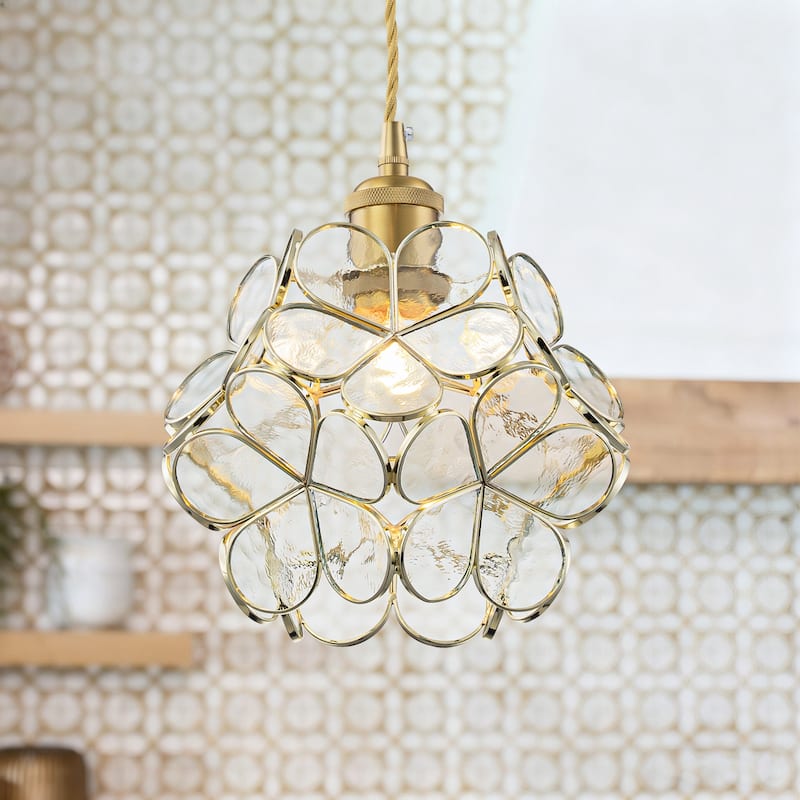Rennnsan 1-Light Mid-Century Brass Glass Flower Pendant Light Vintage Floral Ceiling Light for Dining Room Kitchen Island