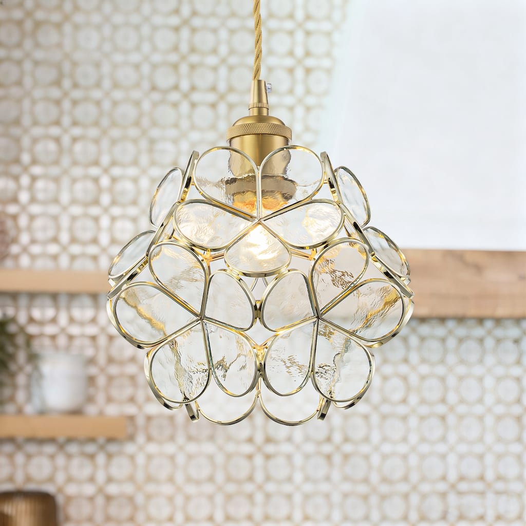 Rennnsan 1-Light Mid-Century Brass Glass Flower Pendant Light Vintage Floral Ceiling Light for Dining Room Kitchen Island