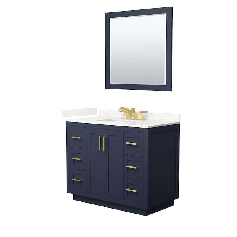 Miranda 42-inch Single Vanity, Quartz Top, 34-inch Mirror - Dark Blue, Gold Trim, Giotto Quartz Top
