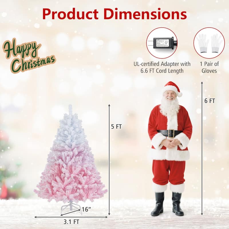 5/6/7/8 FT Pre-Lit Snow Flocked Christmas Tree Artificial Pink Tree - Pink+White - 5 Foot