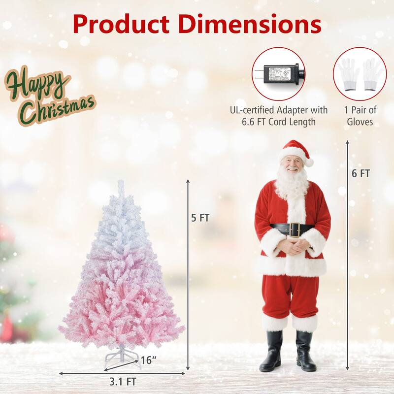 Gymax Artificial Christmas Tree Hinged Snow Flocked Xmas Tree w/ - Pink, White