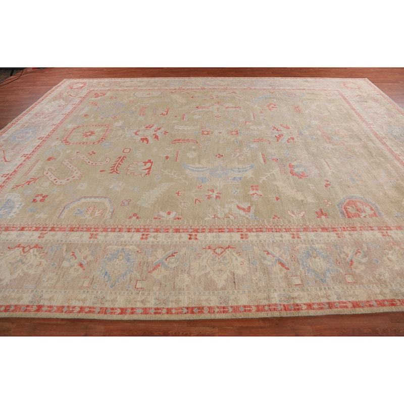 Hand Knotted Oriental 100% Wool Carpet Transitional All-Over Green Oushak Area Rug - 14' 10'' X 9' 11''