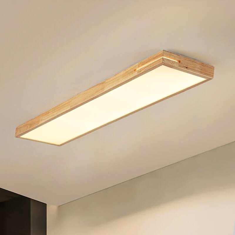 47.2" Modern Minimalist Wooden Rectangle Dimmable Integrated LED Flush Mount Ceiling Light for Kitchen, Bedroom, Living Room - 47.2 in. W x 2.4 in. H x 11.8 in. D - White