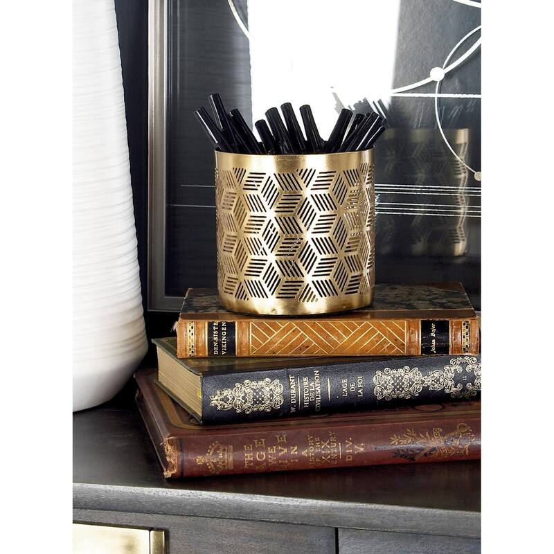 Metal Geometric Pencil Cup with Laser Carved Design - Gold - Roche River Decor