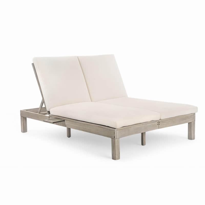 Acacia Wood Double Outdoor Chaise Lounge with 5-Position Adjustable Backrest