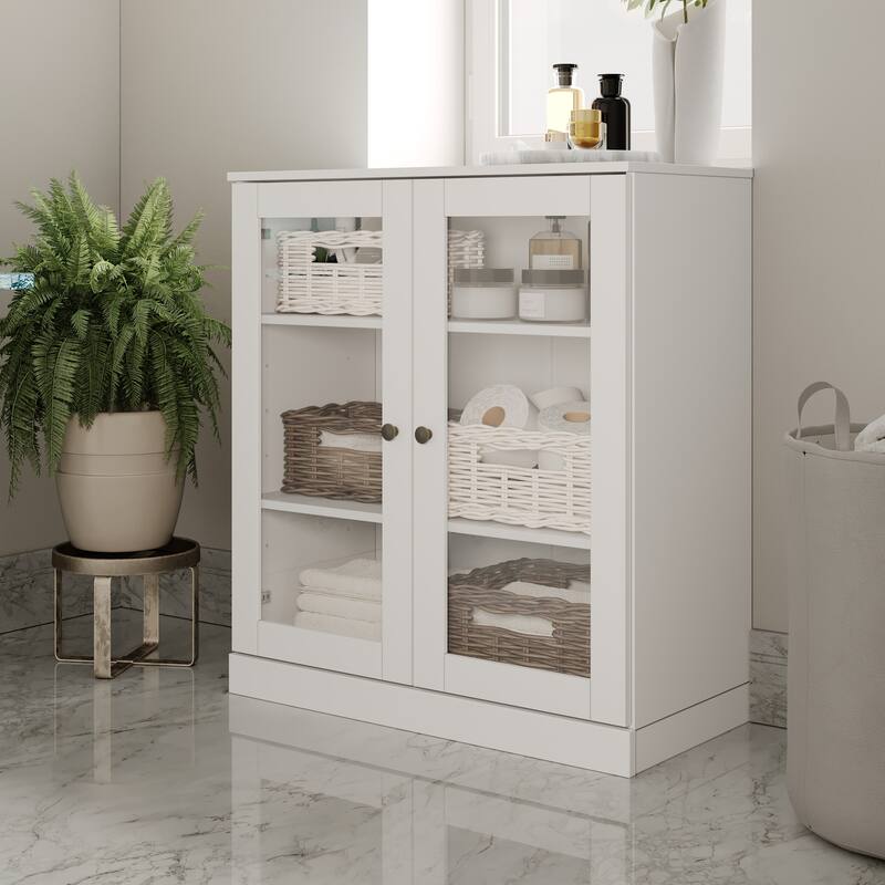 Palace Imports 100% Solid Wood 32" Bathroom Cabinet with Clear Glass Doors and Adjustable Shelves - White
