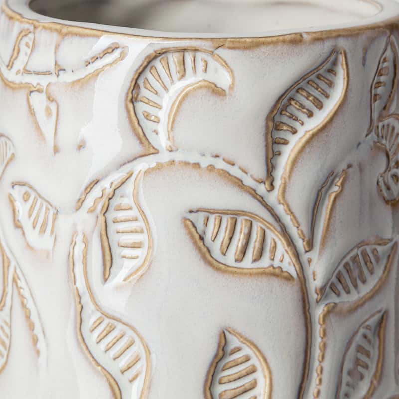 Jadiza I Small White Glaze Floral Patterned Ceramic Vase