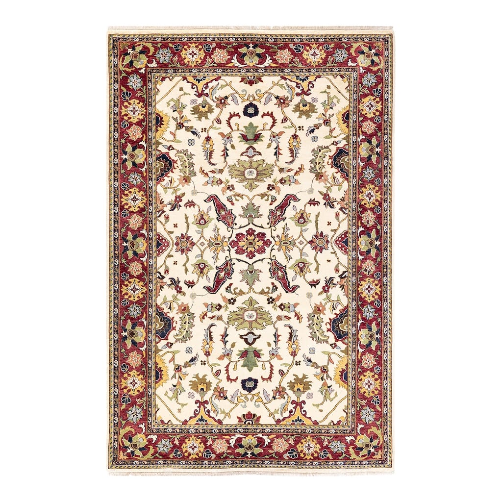 Overton Handknotted Wool Contemporary Floral Ivory Area Rug - 6' x 9'